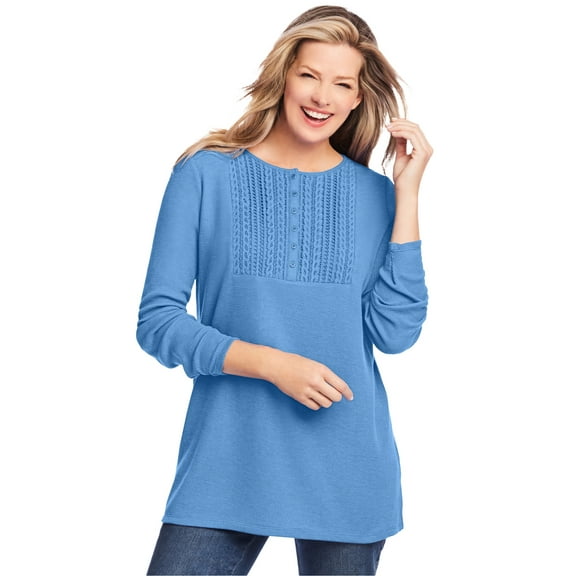 Woman Within Plus Size Waffle Thermal Lace Bib Henley Tee