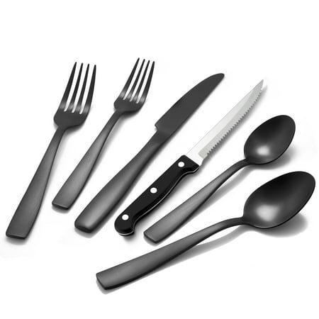 

Walchoice 24 Pieces Black Silverware Set Matte Flatware Cutlery Set with Steak Knives Metal Tableware Service for 4 Square Handle & Satin Finish