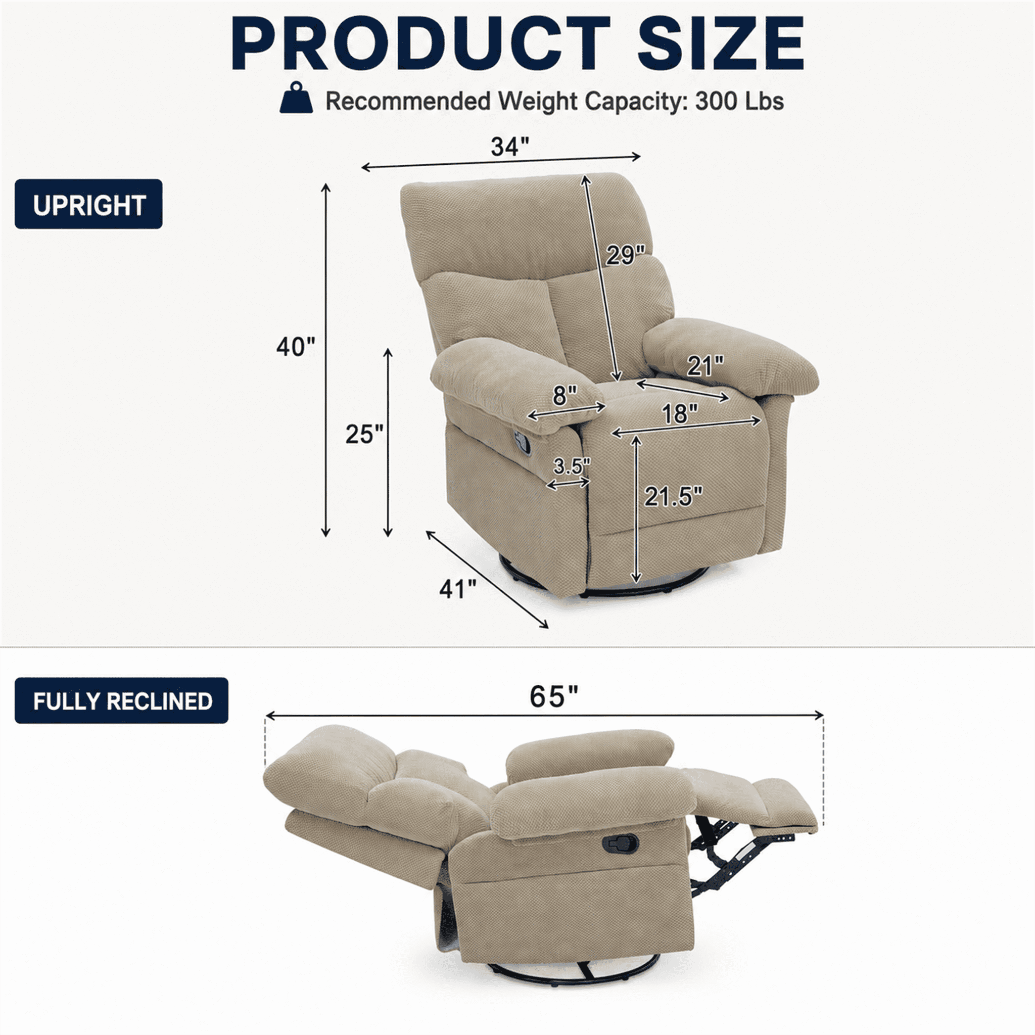 Homy Casa Swivel Rocking Recliner, 360 Manual Chair for Living Room, Nursery and Home Office, Beige