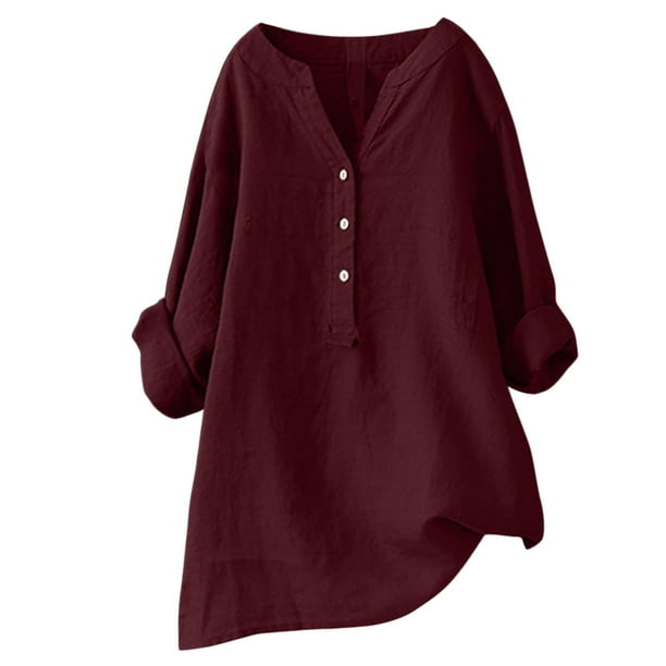 Blusa holgada con botones para mujer: cuello alto, manga larga, color liso, algodón y poliéster, camisa informal para la oficina
