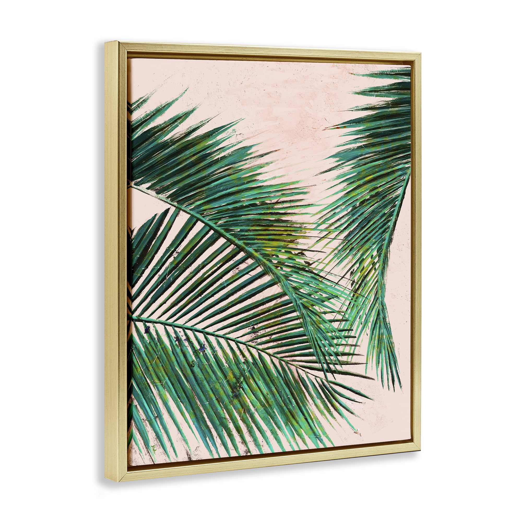 Stupell Industries Flowing Palms on Pink Botanical & Floral Painting Gold Floater Framed Canvas Art Print Wall Art, 17 x 21