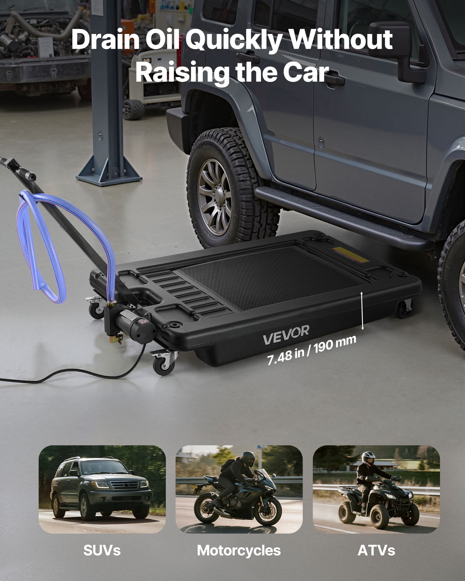 VEVOR Low Profile Oil Drain Pan, 17 Gallon Capacity, Rolling Oil Drain Pan with Electric Pump & 7.2 ft Hose, Leak-proof & Corrosion-resistant, Fit for Cars, SUVs, Trucks, Motorcycles, ATVs, Metal