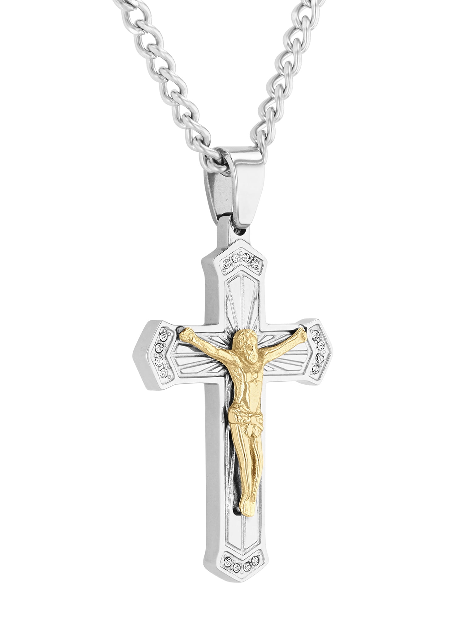 Men's Stainless Steel Yellow and White Finish Crystal Crucifix Cross Pendant - Believe by Brilliance