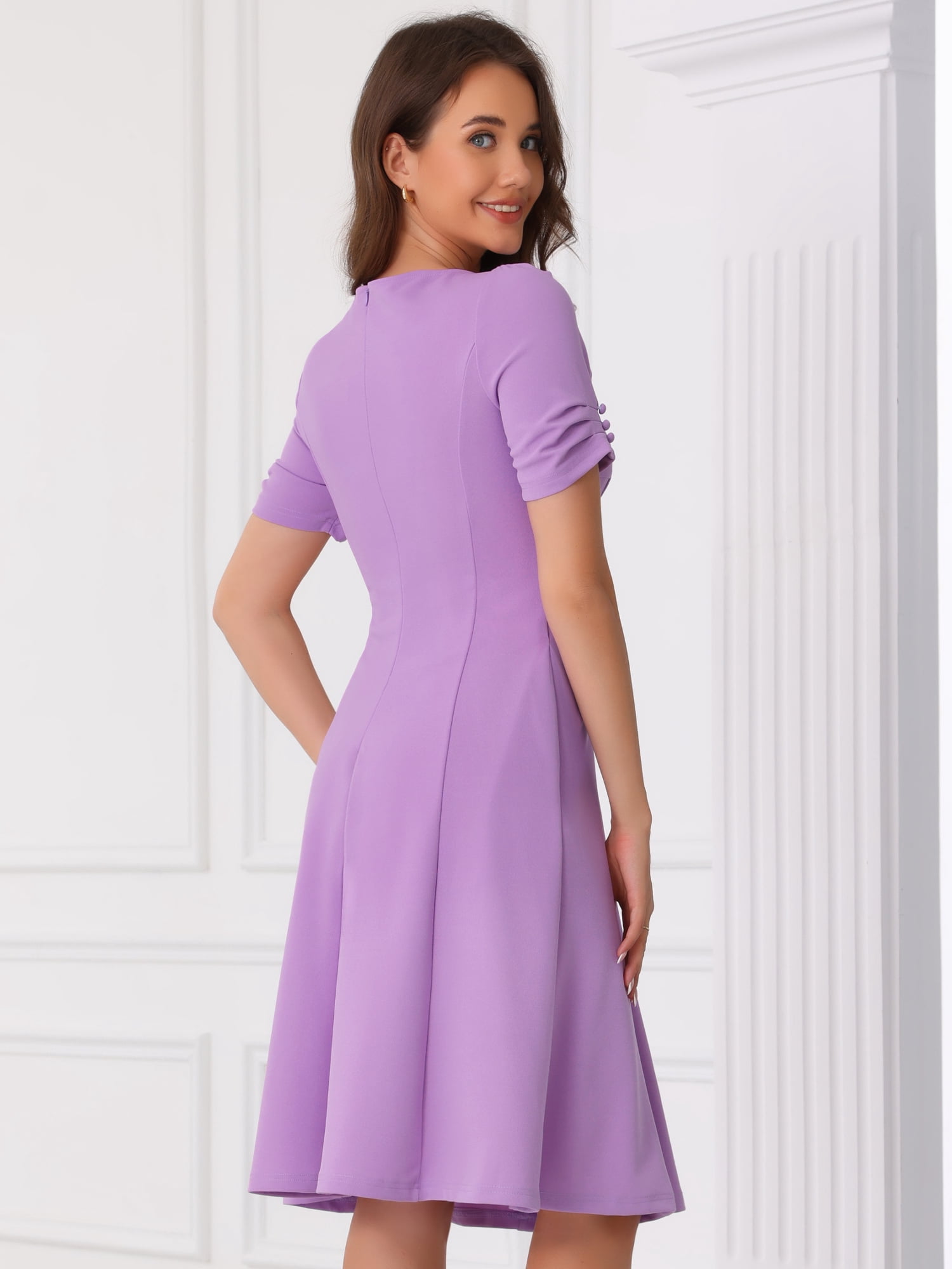 DARING DIVA A-Line Square Neck Ruched Short Sleeve Work Dress S Lavender
