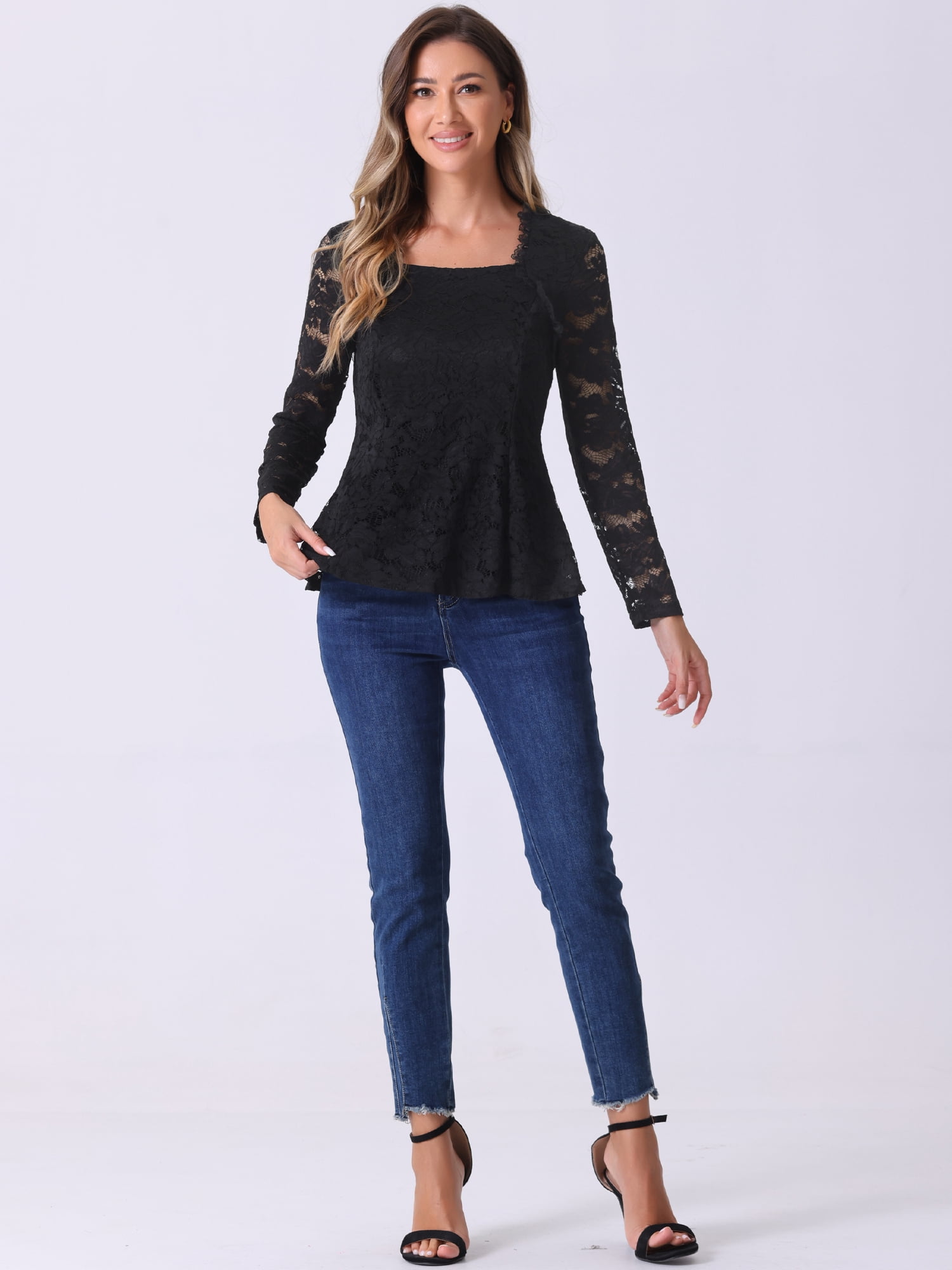 DARING DIVA Women's Lace Square Neck Long Sleeve Stretch Peplum Blouses XS Black