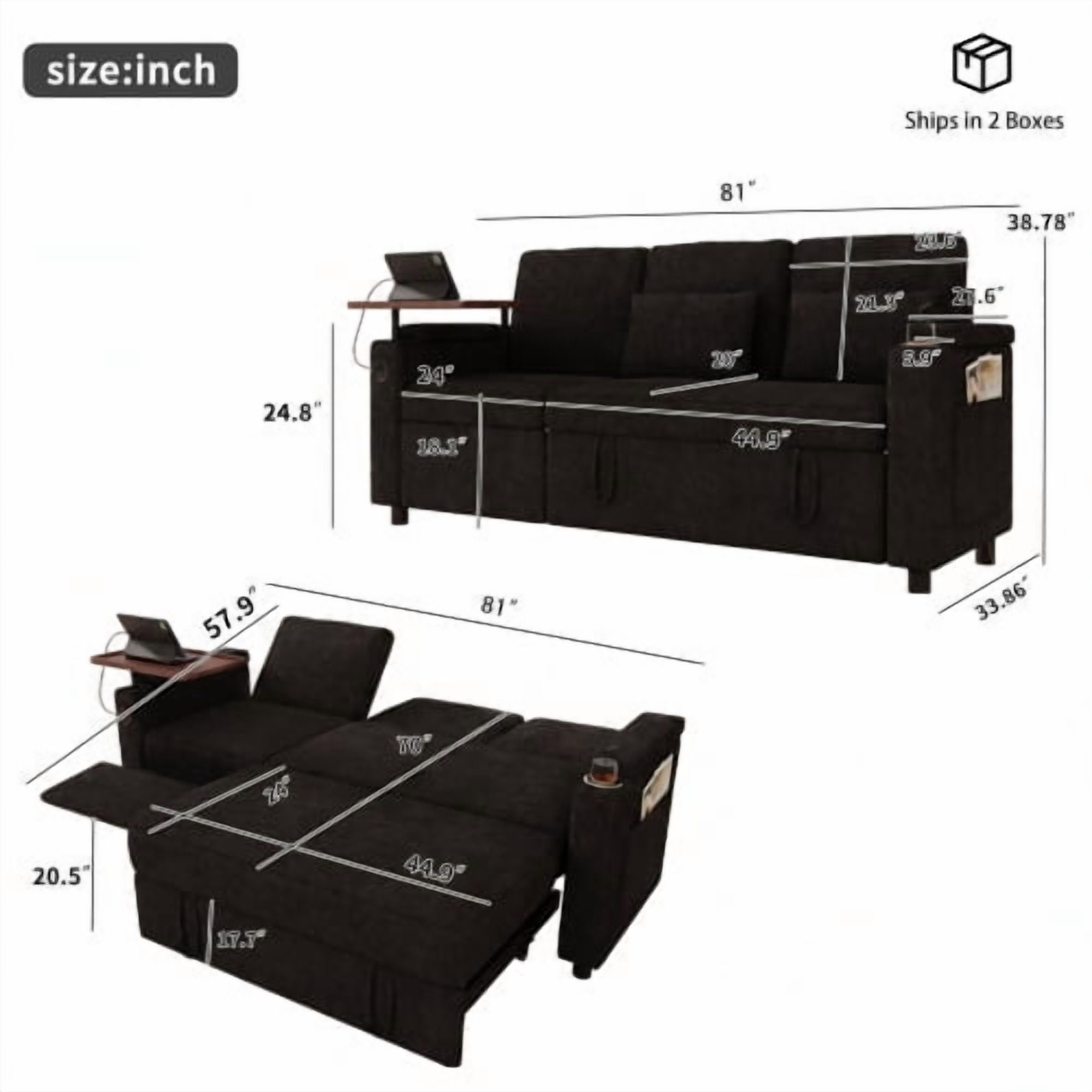 81" 3-in-1 Convertible Sofa Bed, Electric Recliner & Sleeper with Table, USB Ports, Storage Armrests, Chenille, 6 Adjustable Positions, Black