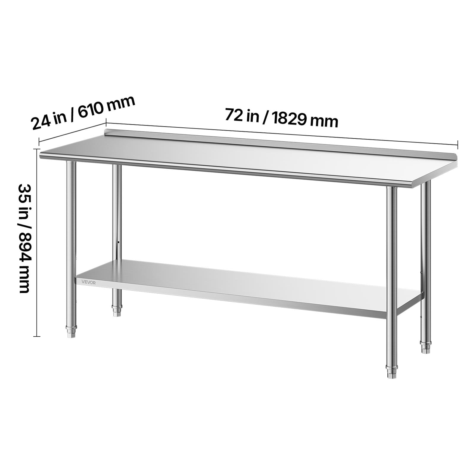 VEVOR Stainless Steel Work Table, 24x72 Inch Food Prep Table with Backsplash, Commercial Kitchen Workstation with Adjustable Undershelf, Metal Heavy Duty Utility Worktable, for Restaurant Home