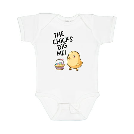

Inktastic The Chicks Dig Me Easter Baby Chick with Basket and Eggs Gift Baby Boy or Baby Girl Bodysuit