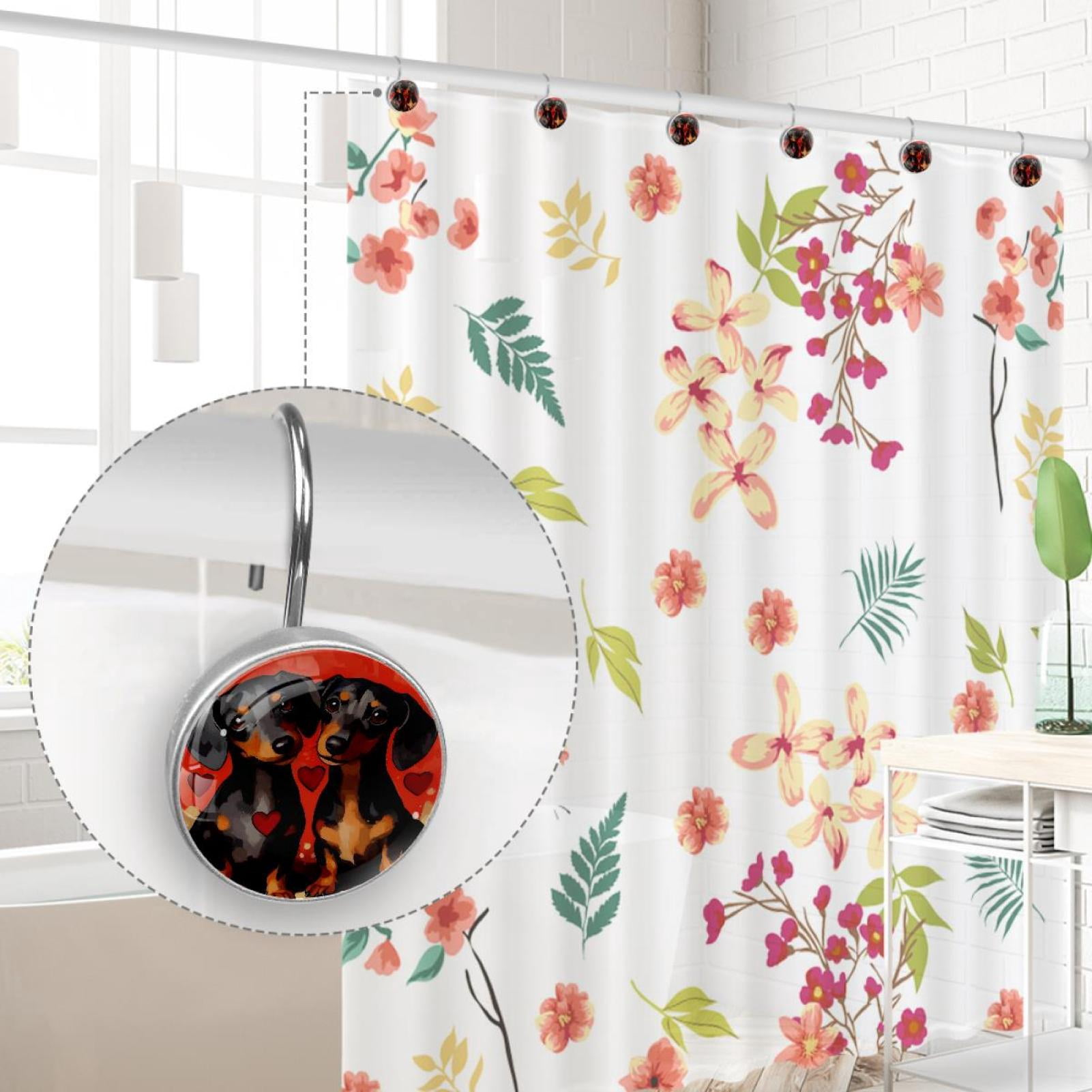 Black Dog on Red Heart Shower Curtain Hooks Round Crystal Glass, Set of 12 Shower Curtain Rings - Shower Hooks for Curtain Shower Rings