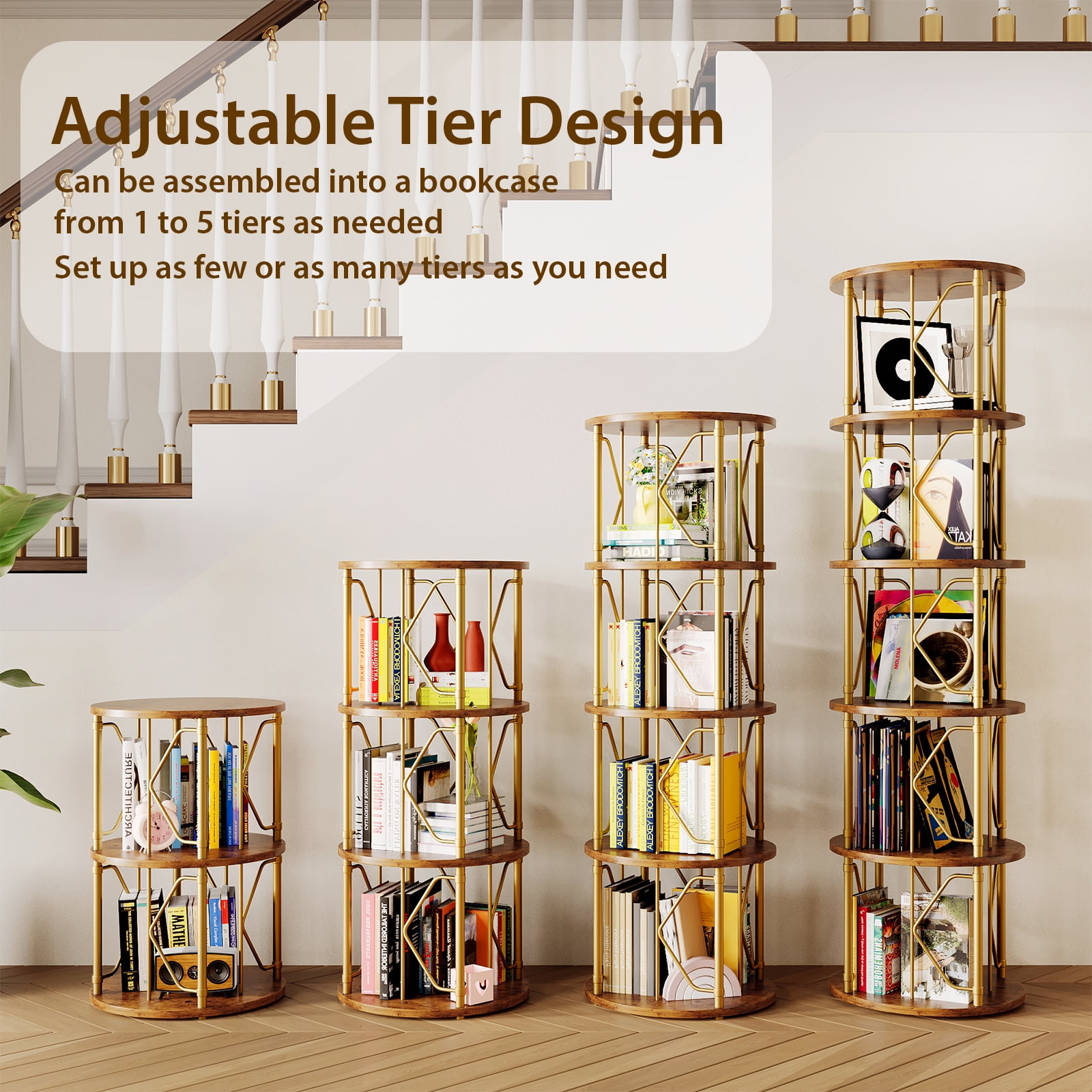 LLappuil 3 Tier Rotating Bookshelf, 360° Display Swivel Bookcase, Corner Bookshelf for for Bedroom, Living Room Gold