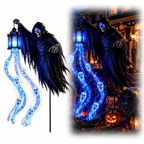 Halloween Grim Reaper Yard Stake with Blue Glow Lantern – Spooky Metal Garden Decoration for Lawn Pathway Outdoor Haunted Display