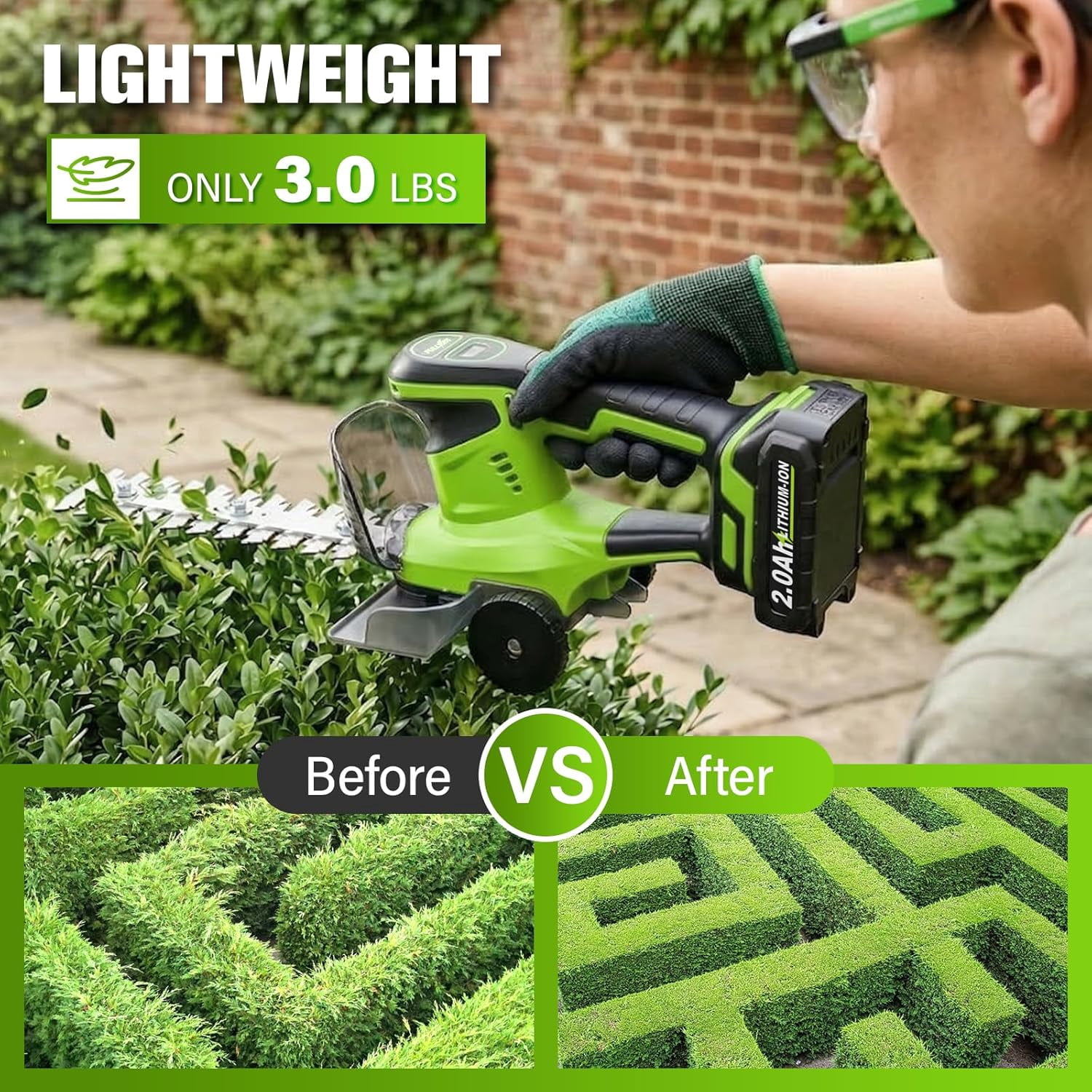 Cordless Hedge Trimmer 2-in-1 Electric Bush Trimmer & Grass Shear with 2 Batteries