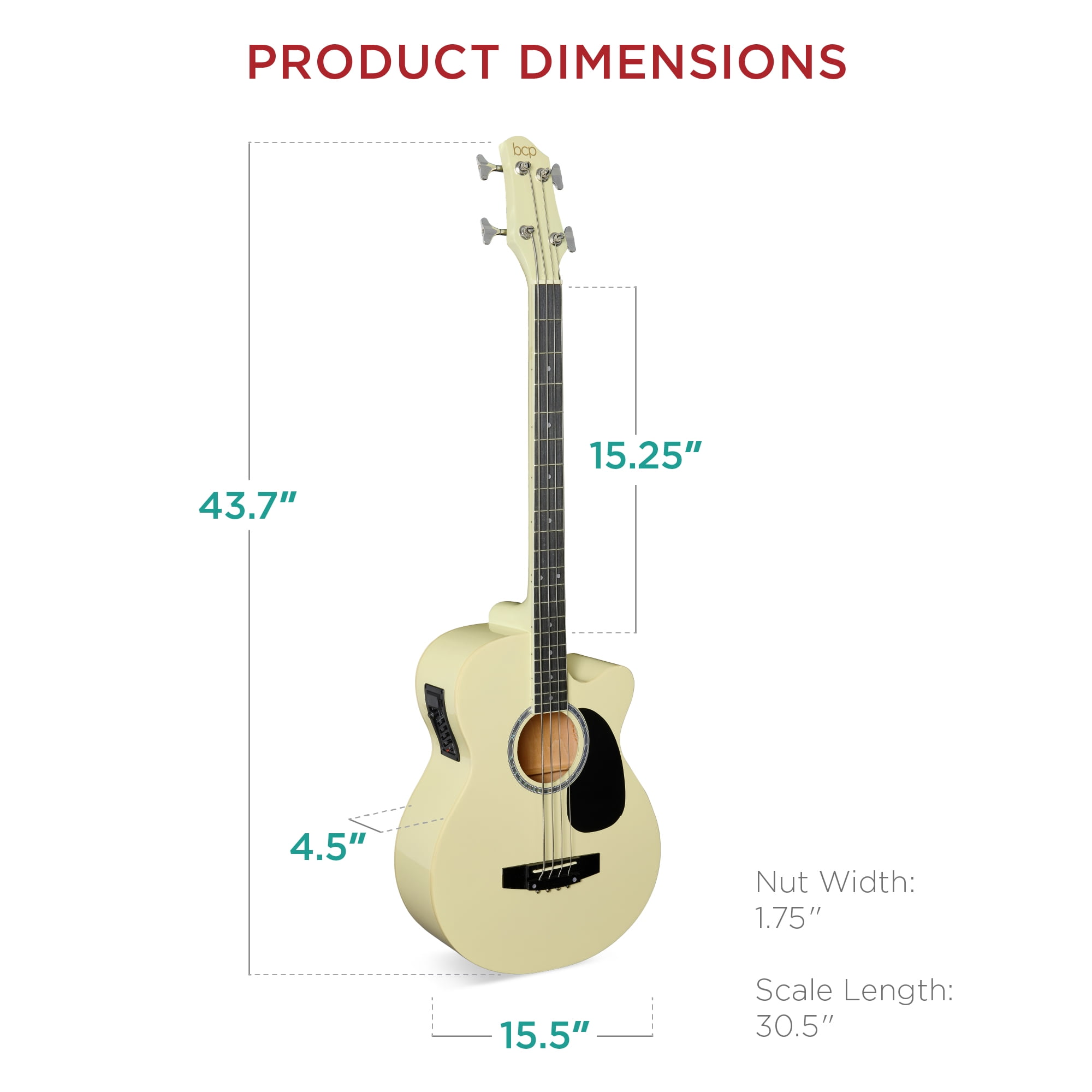 Best Choice Products 22-Fret Full Size Acoustic Electric Bass Guitar w/ 4-Band Equalizer, Truss Rod, Padded Gig Bag - Cream White
