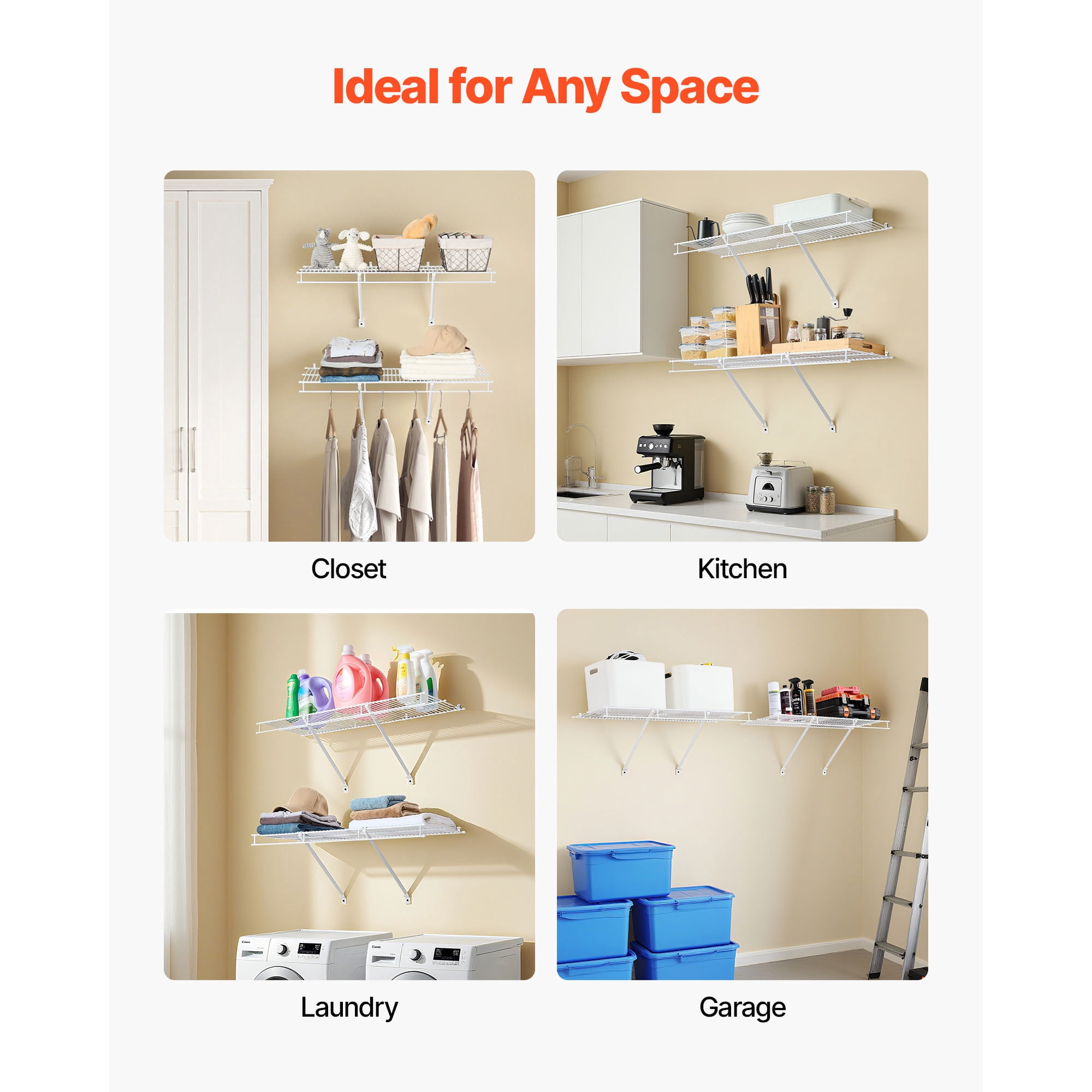 KFFKFF Wire Shelf Kit, 3 ft, Set of 2, Wall-Mounted Storage Shelves, Durable Carbon Steel Floating Shelves with Protective Coating, Ideal for Closet, Bedroom, Living Room, Office