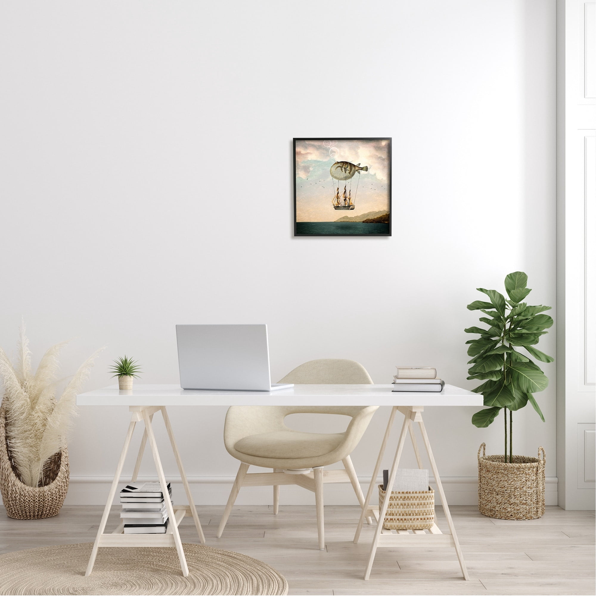 Stupell Industries Surreal Puffer Fish Hot Air Balloon Cloudy Lakeside Framed Wall Art, 17 x 30, Design by Paula Belle Flores