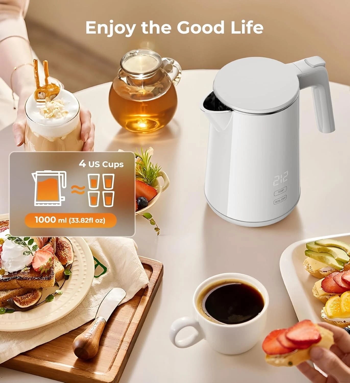 Electric Kettle 1.0L | 7 Temp Control, Cool Touch, Keep Warm, Auto Shut-Off-WHITE