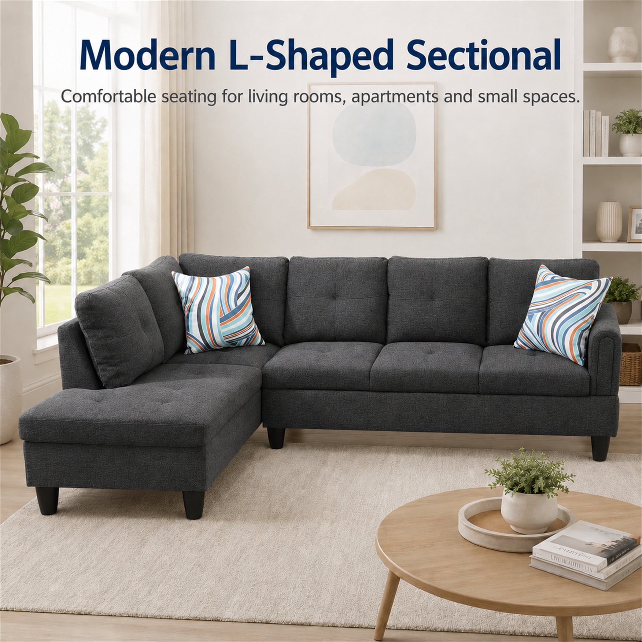 Aukfa 97" Classic Sectional Sofa 4 Seat L shape Couch with Oversized Left Chaise for Living Room, 2Pillows, Linen, Black Gray