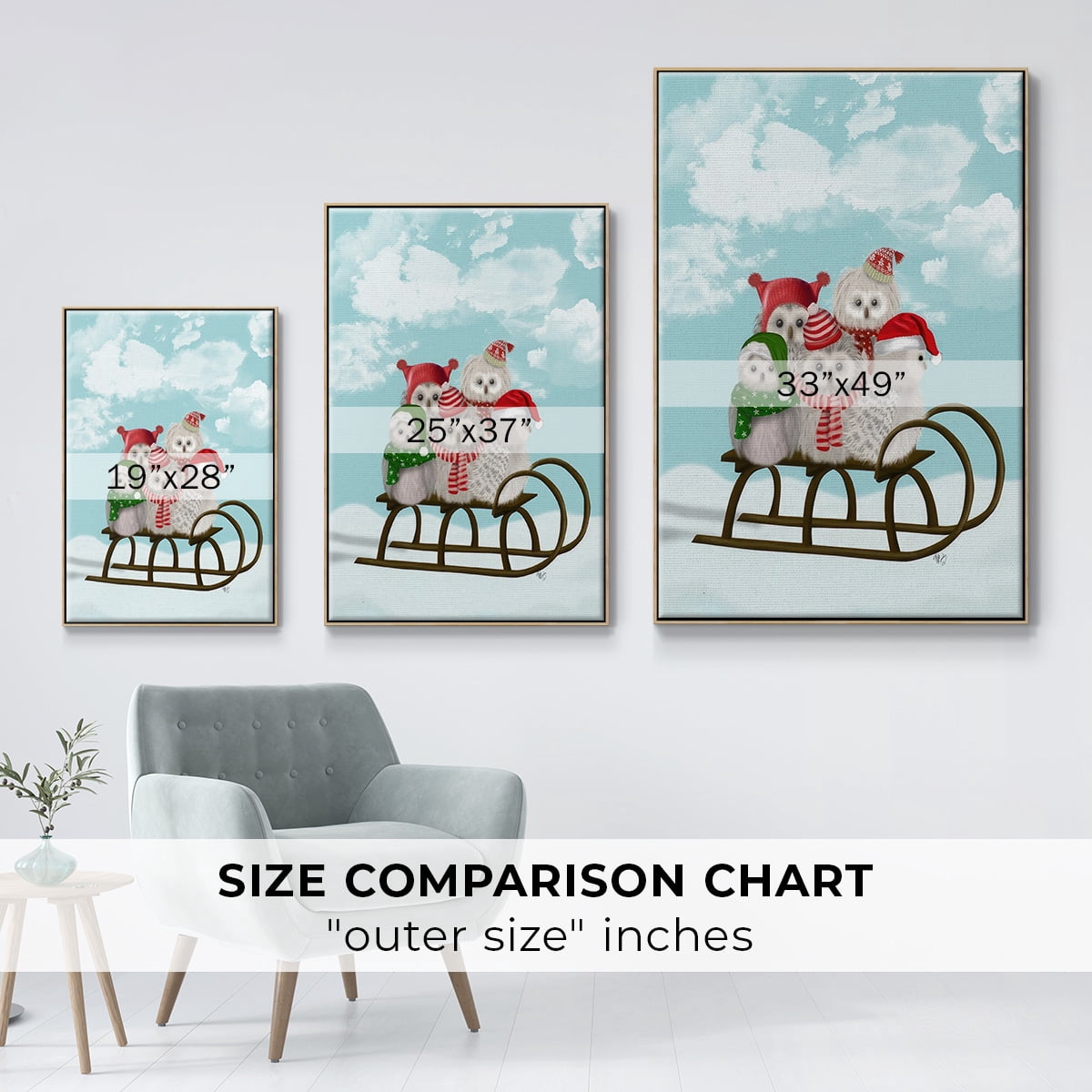 Christmas Christmas Owl Sled - Framed Gallery Wrapped Holiday Canvas - 25 x 37 - Natural Wood Frame