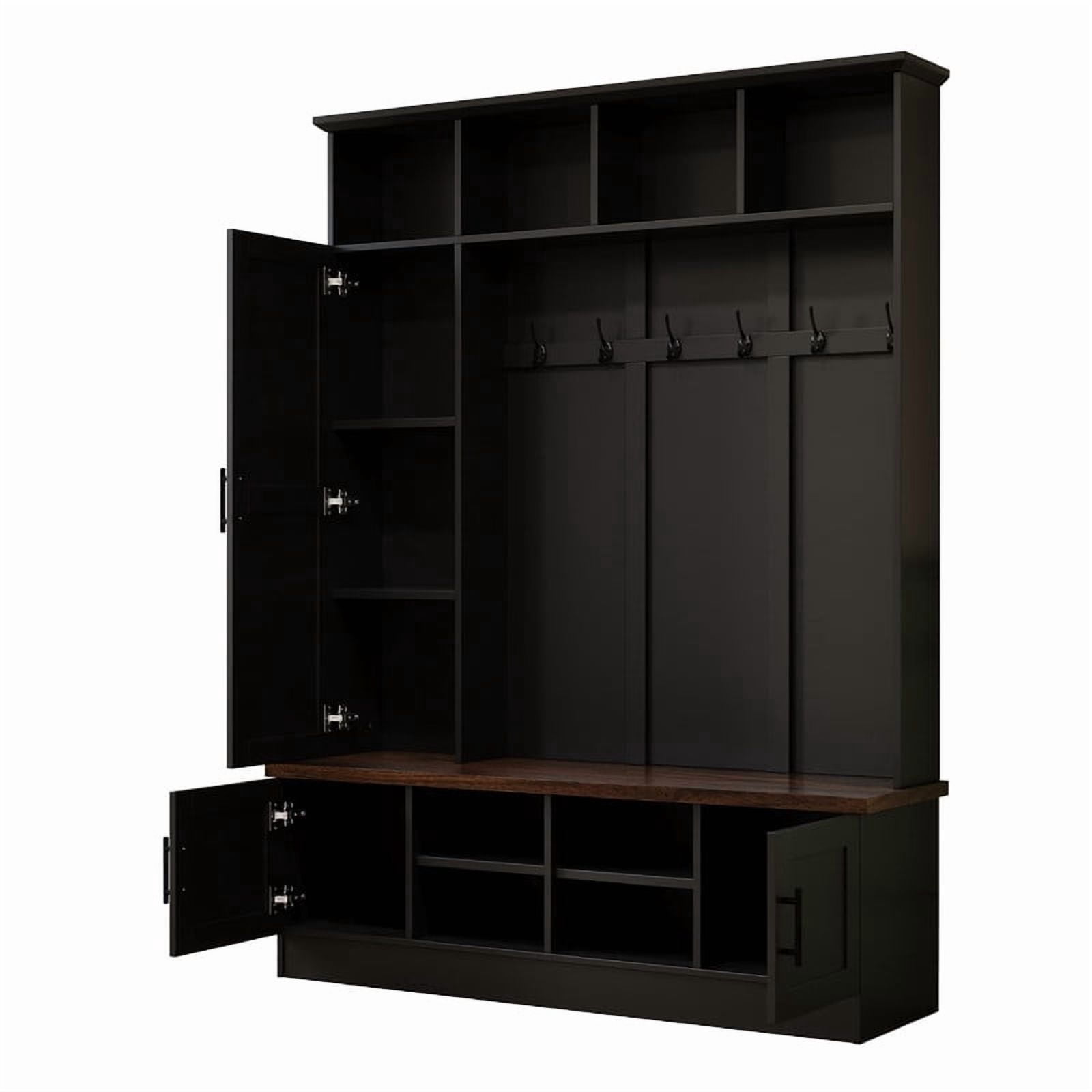 Farmhouse 3-in-1 Hall Tree with 6 Hooks, Entryway Coat Rack with Adjustable Shelves, Versatile Shoe Storage Bench with Open Cubbies