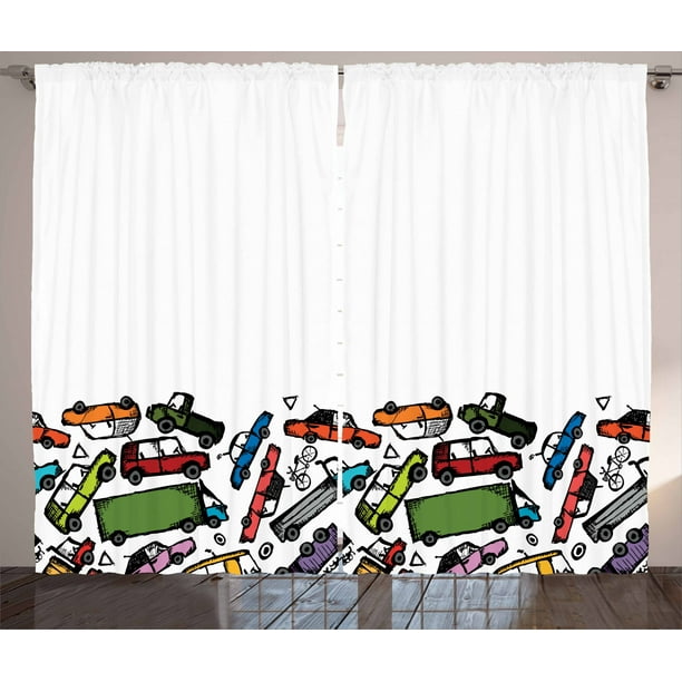 Cars Curtains 2 Panels Set, Collection of Hand Drawn Toy Cars Clustered Colorful Pattern