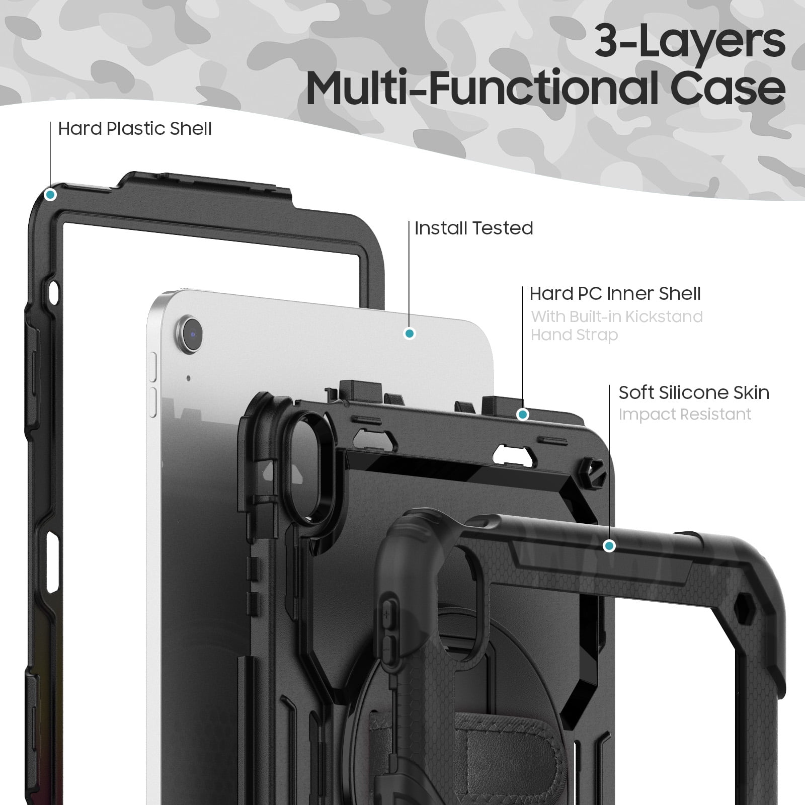 ELEHOLD Rugged Case for iPad 11th(A16) 2025/10th 2022, 360° Rotating Kickstand Hand Shoulder Strap Pencil Holder Built-in Screen Protector Full-Body Shockproof Protective Cover,Black