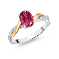 Gem Stone King 2 Tone 10K Yellow Gold and 925 Sterling Silver Pink Tourmaline and White Lab Grown Diamond Twisted Interwoven Ring for Women (0.96 Cttw, Available in Size 5,6,7,8,9)