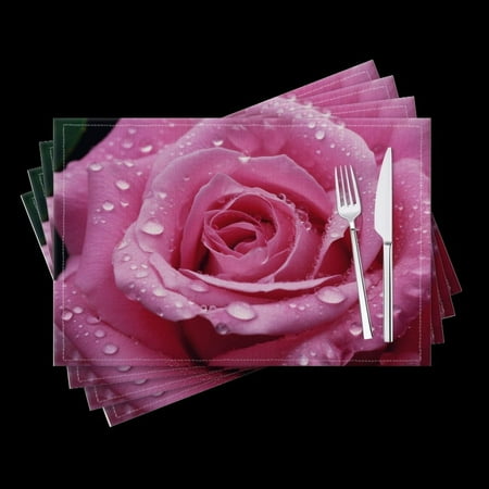 

BaHomeck placemats Set of 4 Pink Rose With Water Droplets Vibrant Colors Cotton Linen rectangle Placemats for Kitchen Dining Table Indoor Outdoor 18*12inch