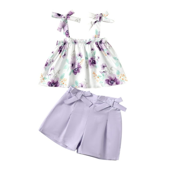 KIMI BEAR Infant Baby Girls Summer Outfits 12-18 Months Clothes Sets Sleeveless Halter Top Floral Tank Top Solid Color Shorts Sets 2pcs Purple