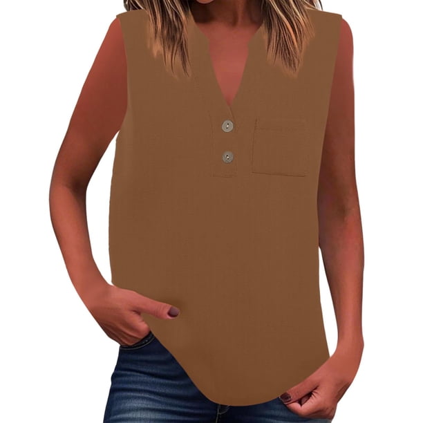 Camiseta sin mangas de verano para mujer, corte holgado, plisada, cuello en V, sin mangas, fluida, informal