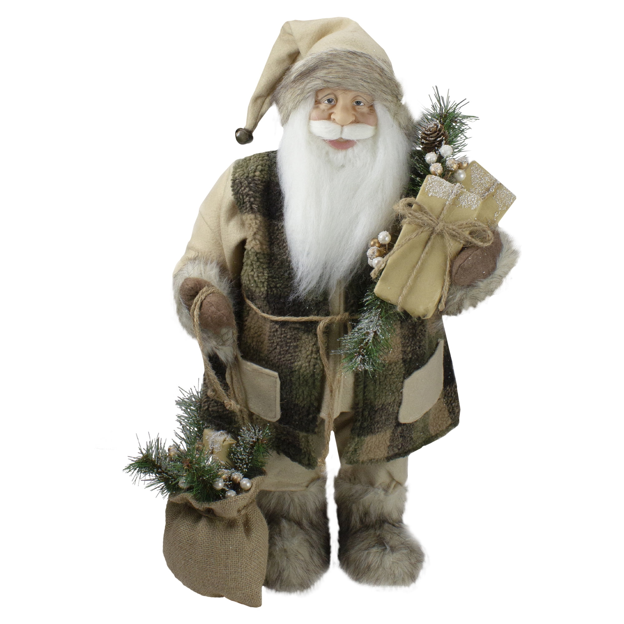 24" Brown Standing Santa Claus in Plaid Suit with Gifts Christmas
