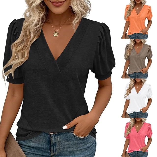 Sentmoon Women Short Sleeve Tops Ladies Tops and Blouses Summer Solid Color Short Sleeve V Neck Patchwork Loose Fit Holiday Women Tshirt for Gym and Workout S-3XL