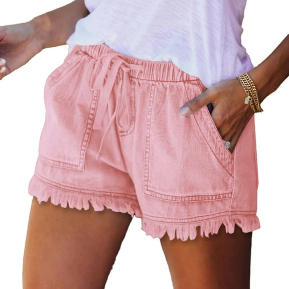 Womens Roll Up Stretchy Denim Shorts Elastic Waist Drawstring Comfy Short Pants Pink L