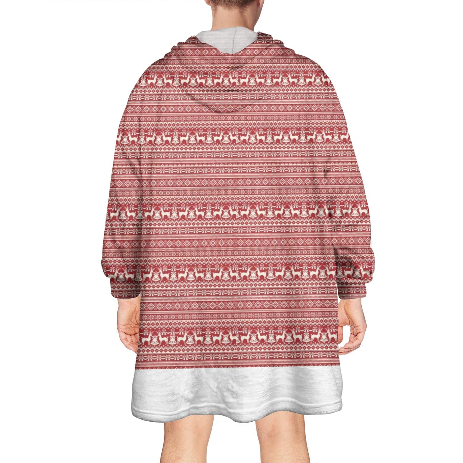 Wearable Oversized Blanket,Red Christmas Folk Pattern Wearable Blanket Hoodie for Adults,Cozy Hooded Blankets with Super Pockets,Super Warm Fuzzy Pullover for Women & Men