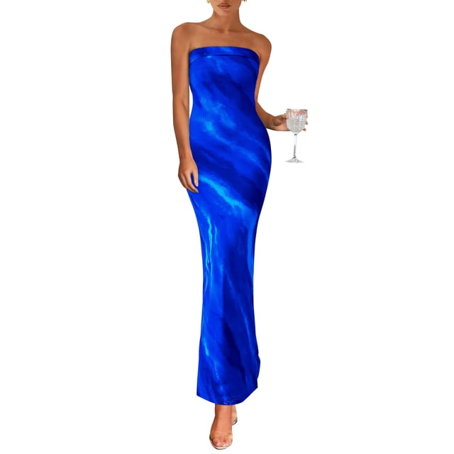 Vestido largo PRETTYGARDEN para mujer, ajustado sin tirantes, azul L