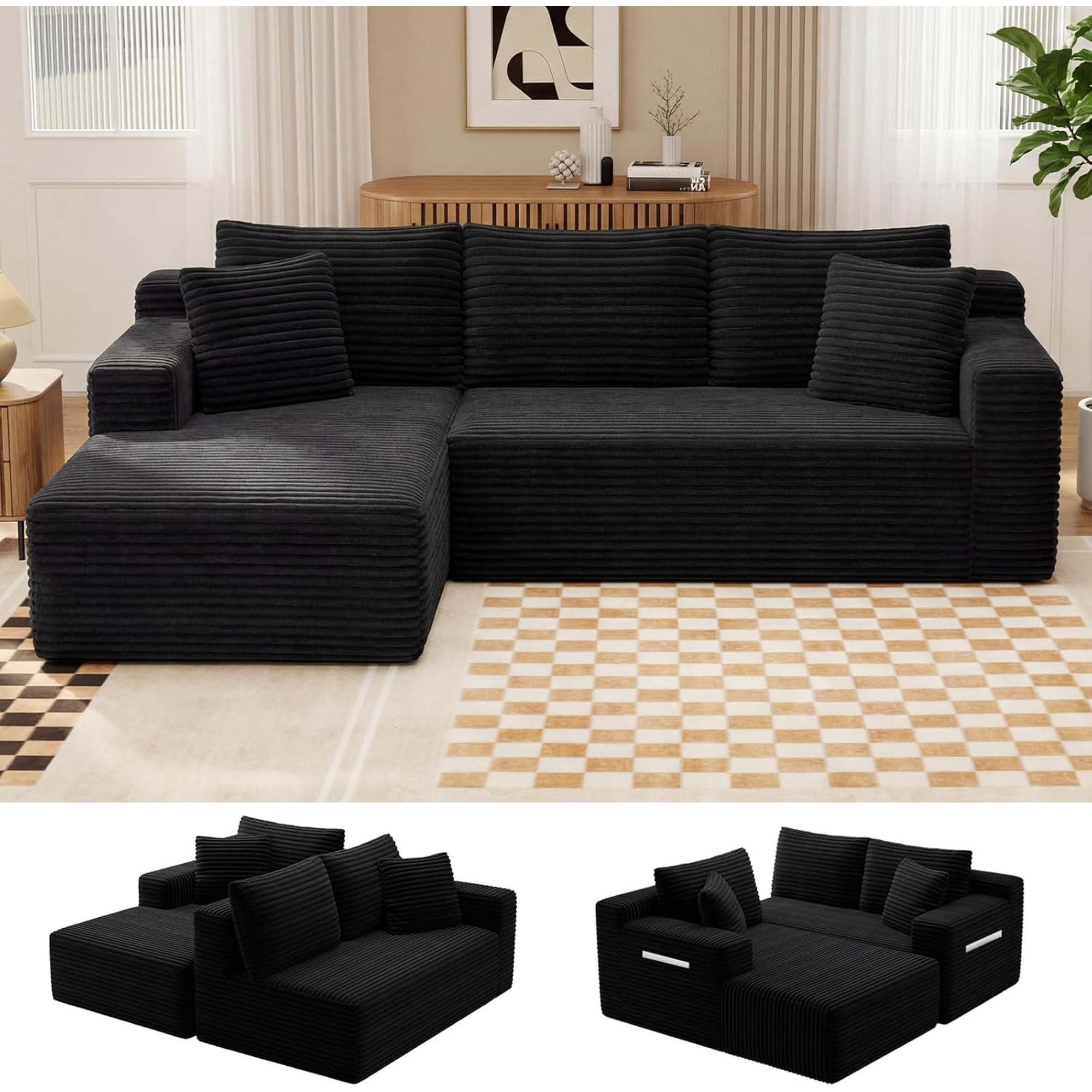 MOONMISS L-Shaped Cloud Sectional Couch with Chaise,Modern Corduroy Upholstered Modular Boneless Sofa,No Assembly for Living Room Apartment(Black,Left)