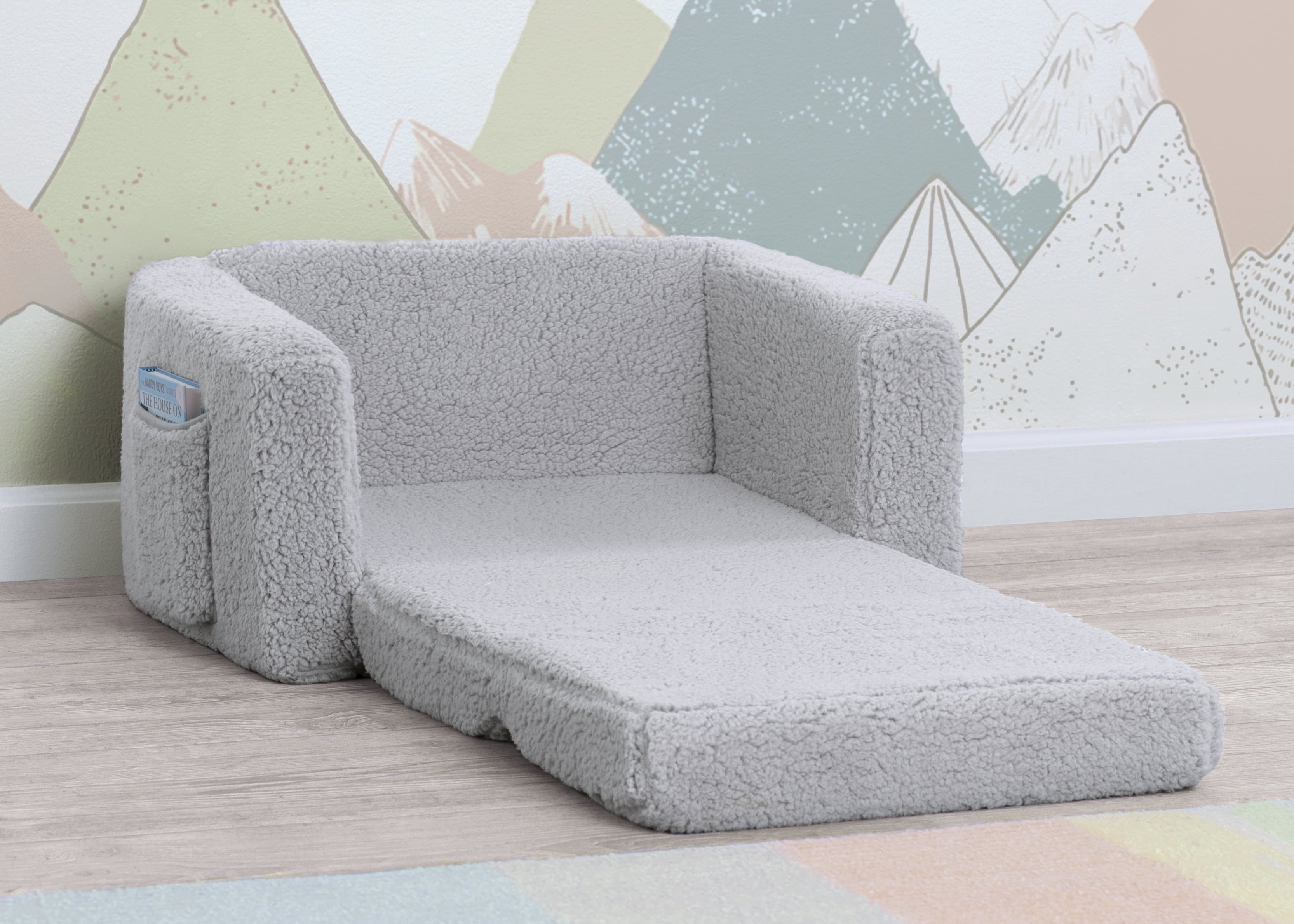 Delta Children Cozee Flip-Out Sherpa 2-in-1 Convertible Chair to Lounger for Kids, Grey