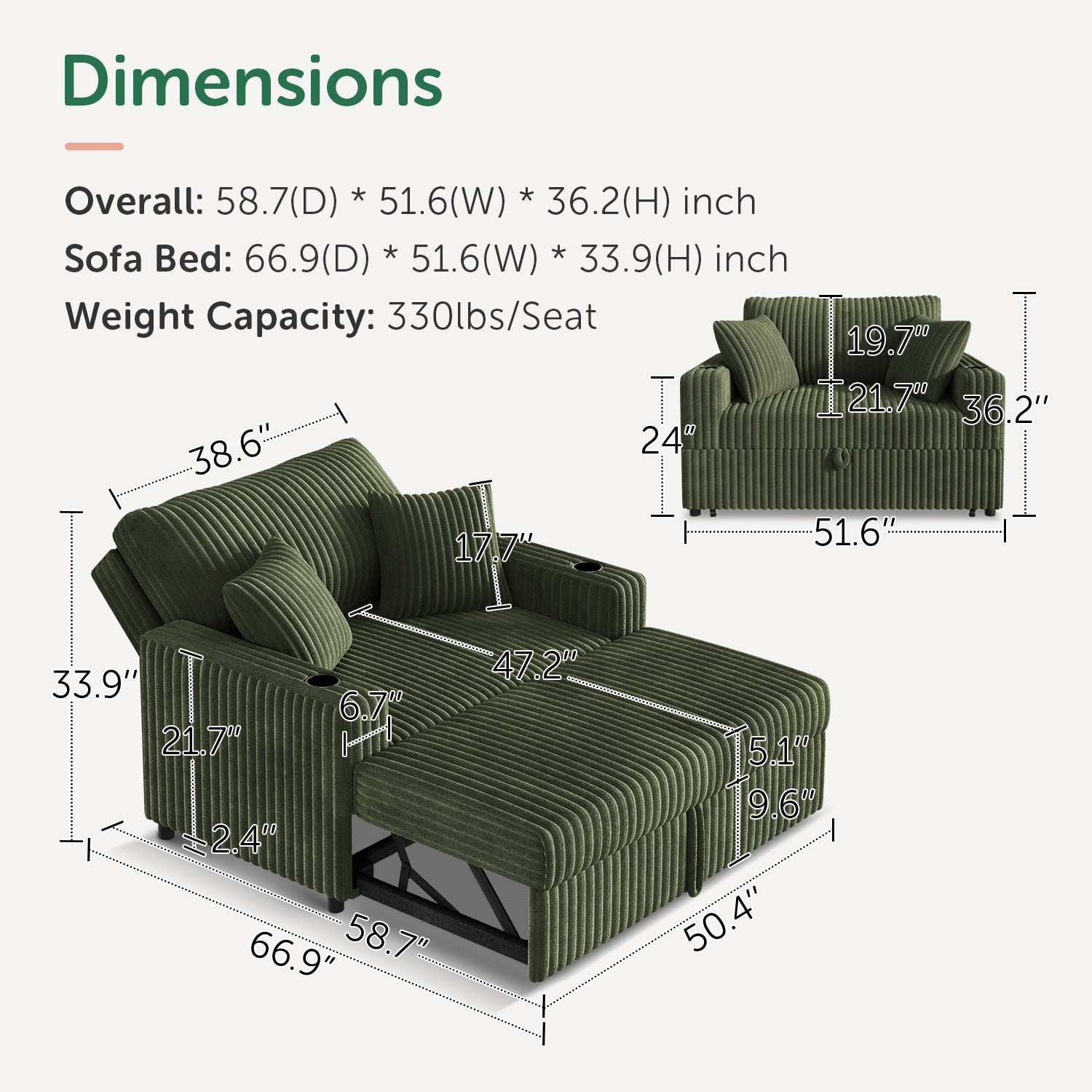 Marrber Green 52” 3-in-1 Convertible Pull-Out Sofa Bed Sleeper Loveseat with Reclining Backrest, Built-in Cup Holders, Pet-Friendly Corduroy Sofa for Small Space
