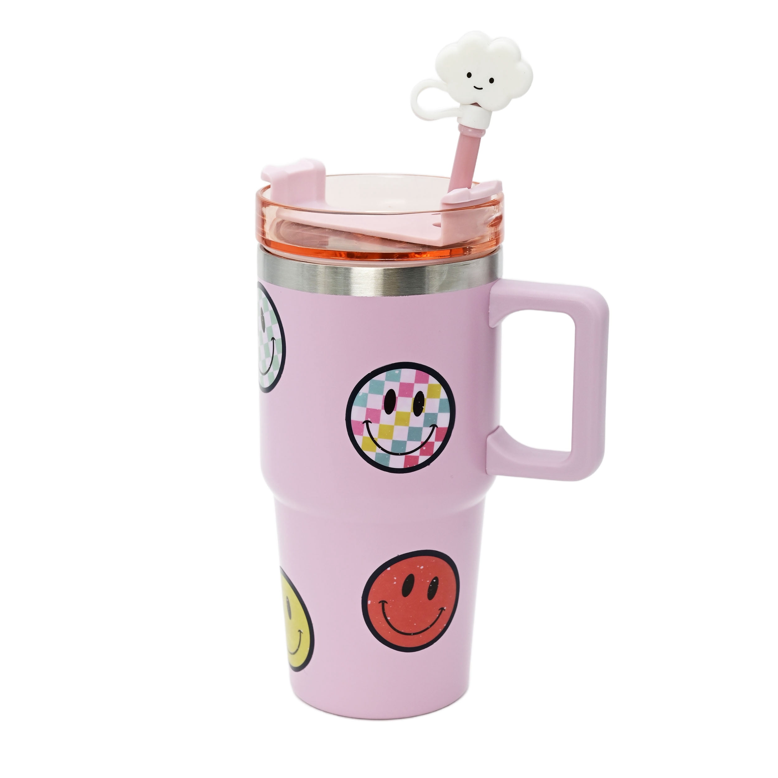 Gobelet pour enfants en acier inoxydable rose avec paille, couvre-paille nuage et 6 amovible Smiley autocollants, 20 oz