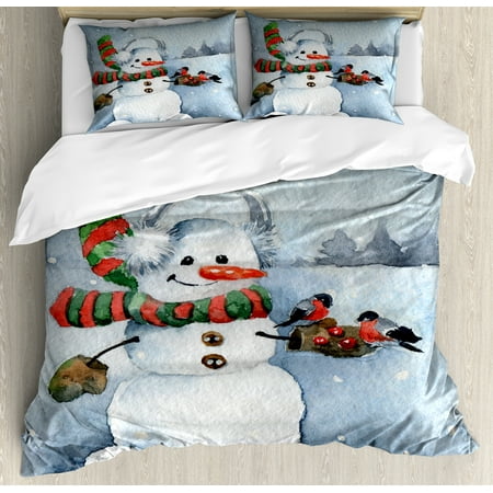 Snowman Duvet Cover Set Watercolor Style Snowfall Outdoors Merry