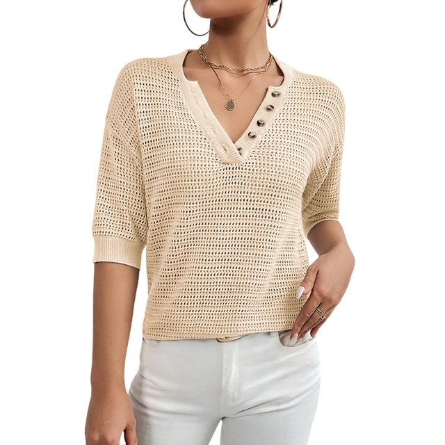 Fashnice Chandail Femme Manches Courtes Tricoté Tunique Décontractée Vacances Abricot P