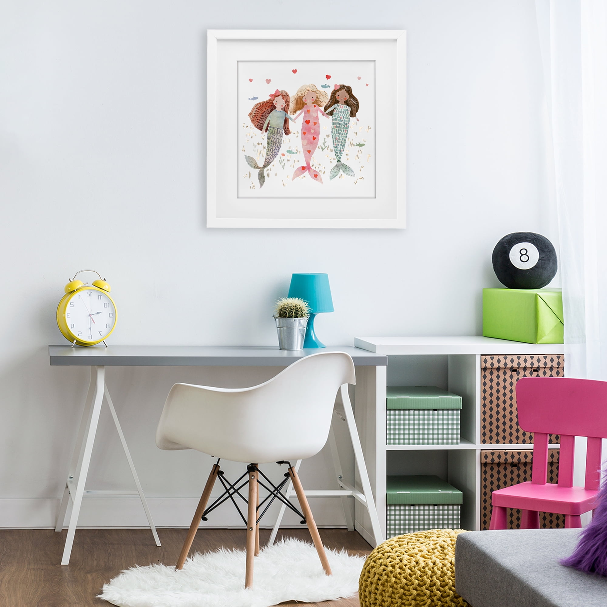 Trio of Mermaids Friendship White Framed Print Under Glass, design by Leah Straatsma