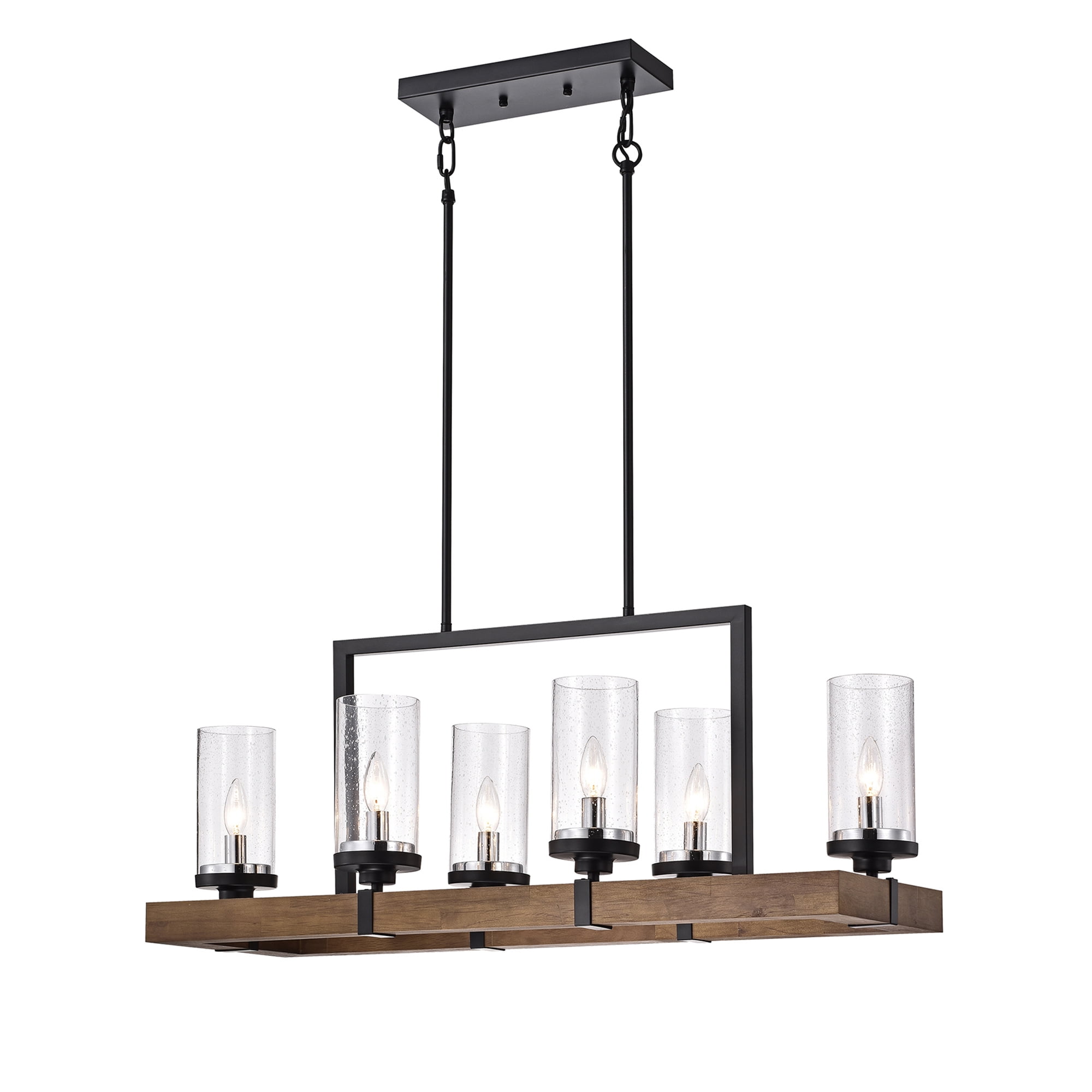 Warehouse of Tiffany PD002/6BR Sonoma Wood and Metal 6 Light Linear Chandelier with Seeded Glass Shades