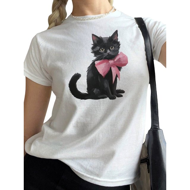 Pudcoco Hauts Graphiques d'Été pour Femmes Mode Manches Courtes Col Rond Coupe Classique T-Shirts Streetwear