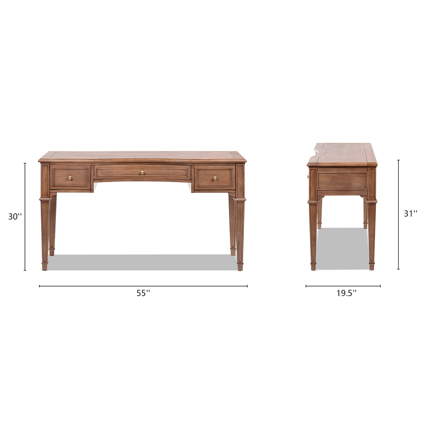 Dauphin 55" 3-Drawer Wood Executive Desk, Natural Brown Rubber Wood & Veneer