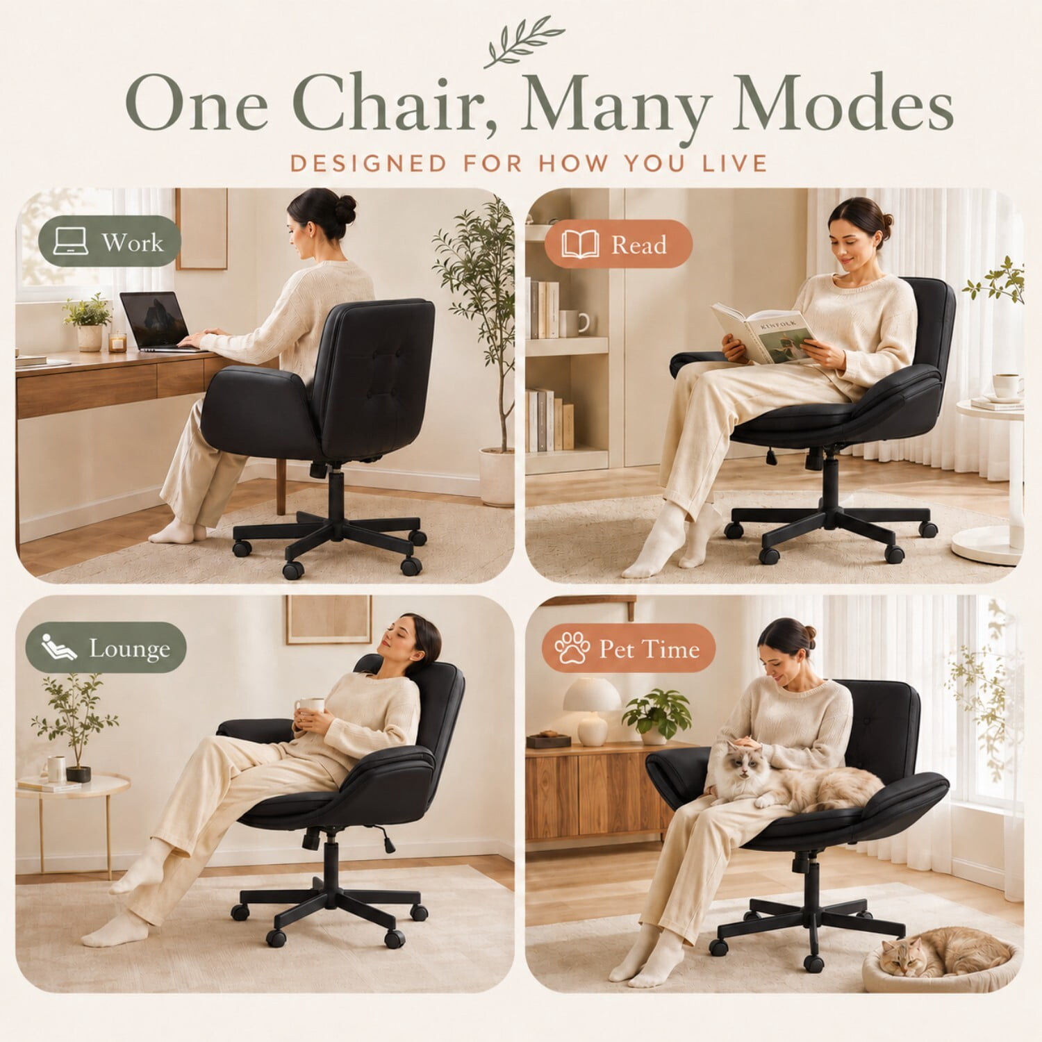 Easy4Home Criss Cross Office Chair with Wheels and Adjustable Armrests, Wide Seat PU Leather Swivel Computer Desk Chair, Black