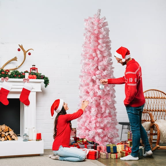 Qiushi 7.5ft Pink Snow Flocked Pencil Christmas Tree, Slim Artificial Xmas Tree with 641 Branch Tips, Hinged Metal Stand for Small Spaces, Unlit Flocked Pine Decor
