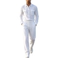 thumbnail image 3 of GrmtClth Linen Blend 2 Piece Suits For Men Button Down Long Sleeve Overshirt Elastic Drawstring Waist Straight Pants Side Pockets Beach Casual Matching Outfit White XL, 3 of 7