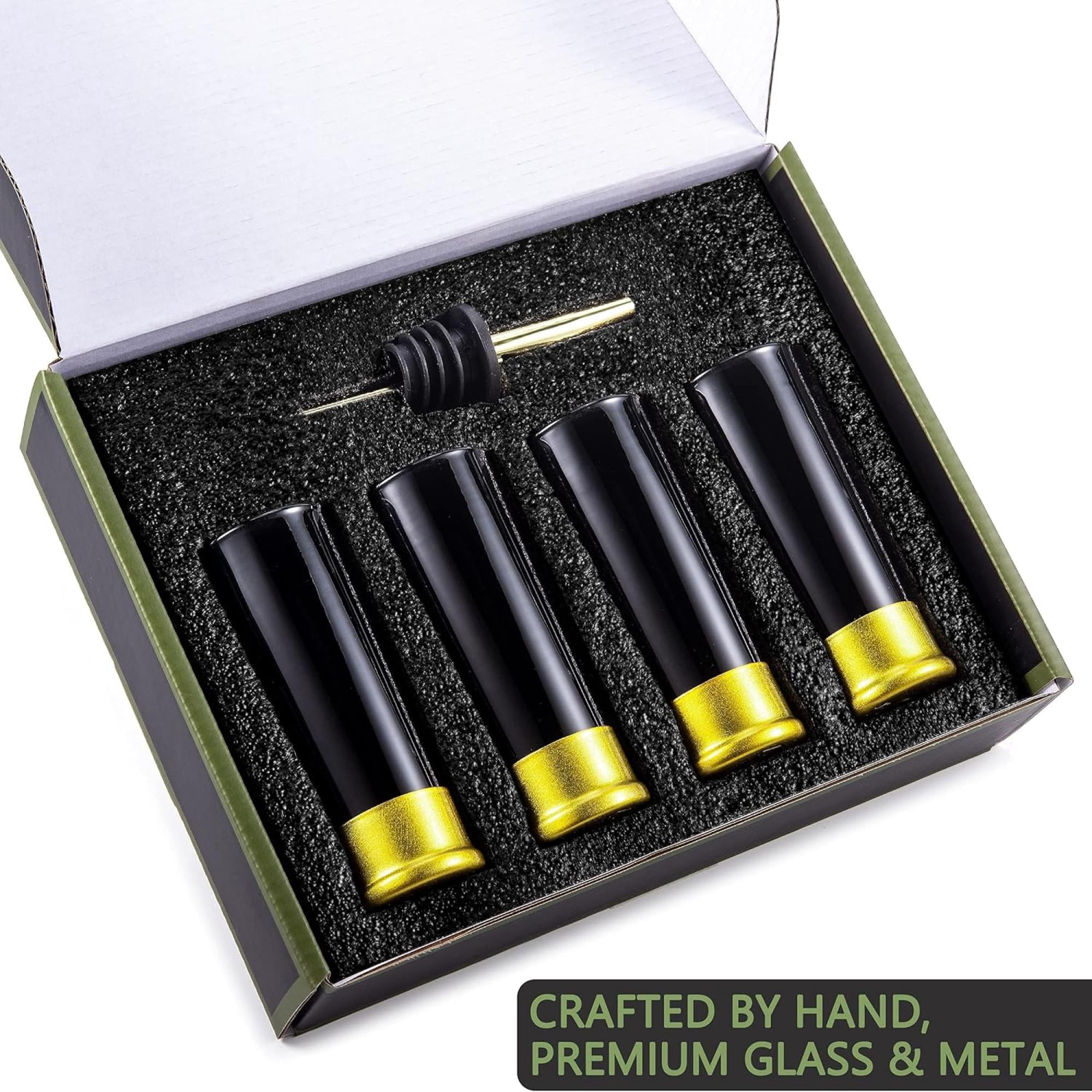 Novelty Shot Glass Set (4 Pack) – Unique Black & Gold Party Bar Glasses, 2 oz