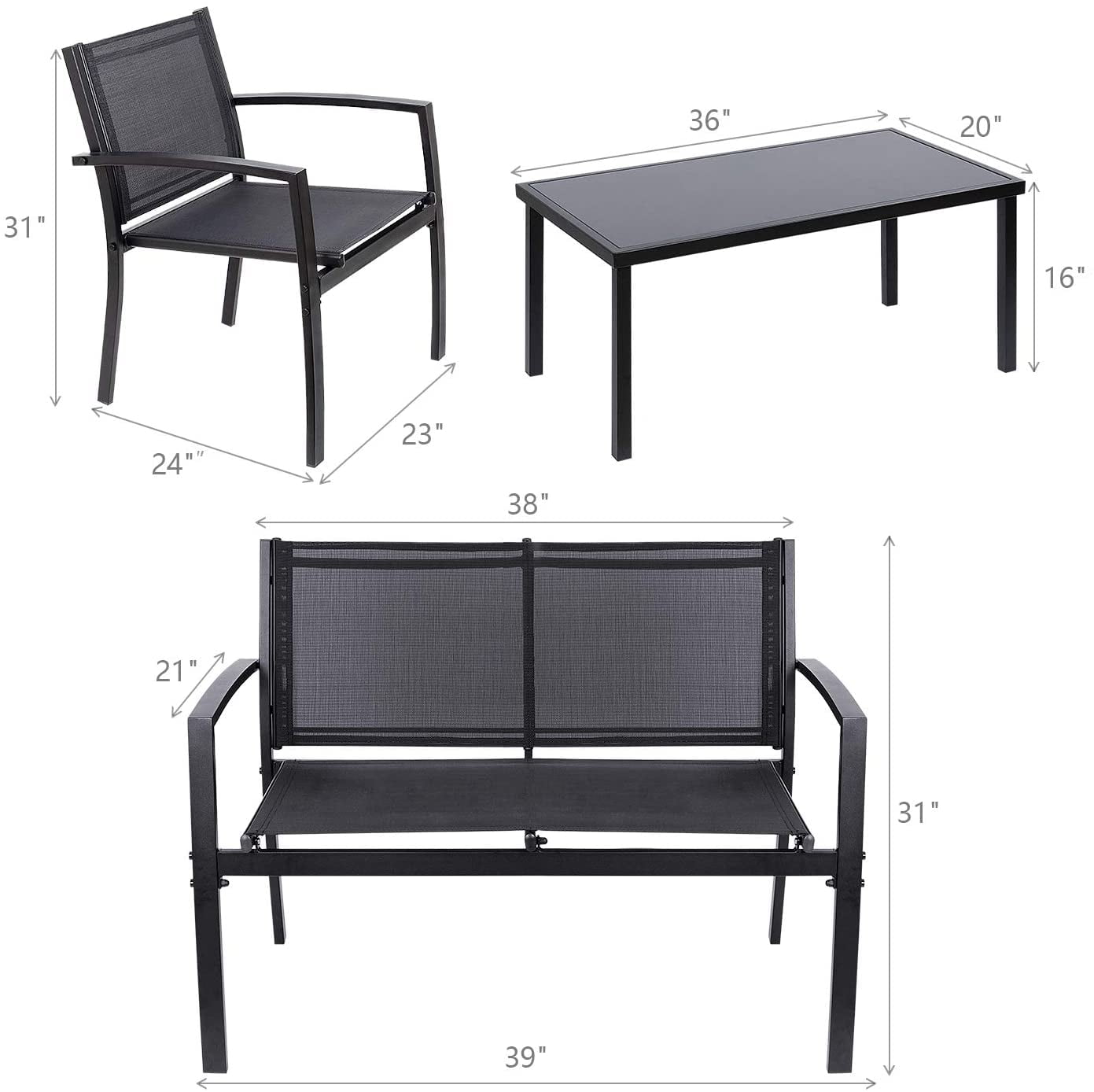 Devoko 4 Pieces Patio Furniture Outdoor furniture Outdoor Patio Furniture Set Textilene Bistro Set Modern Conversation Set Black Bistro Set with Loveseat Tea Table for Home, Lawn and Balcony (Black)
