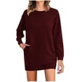 thumbnail image 2 of Wancir Women's Waffle Long Sleeves Dresses Causal Loose Round-Neck Tuinc Tops Basic Dress with Side Pockets, 2 of 6